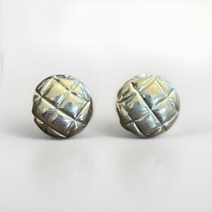 Vintage Italy Sterling Silver 925 Domed Quilted Pierced Stud Earrings Signed "M"